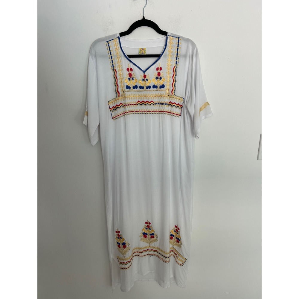 Hours White Embroidered Kaftan Dress V-Neck Short Sleeve Resort Wear Sz 3/Large